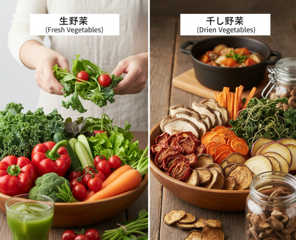 生野菜と干し野菜の比較